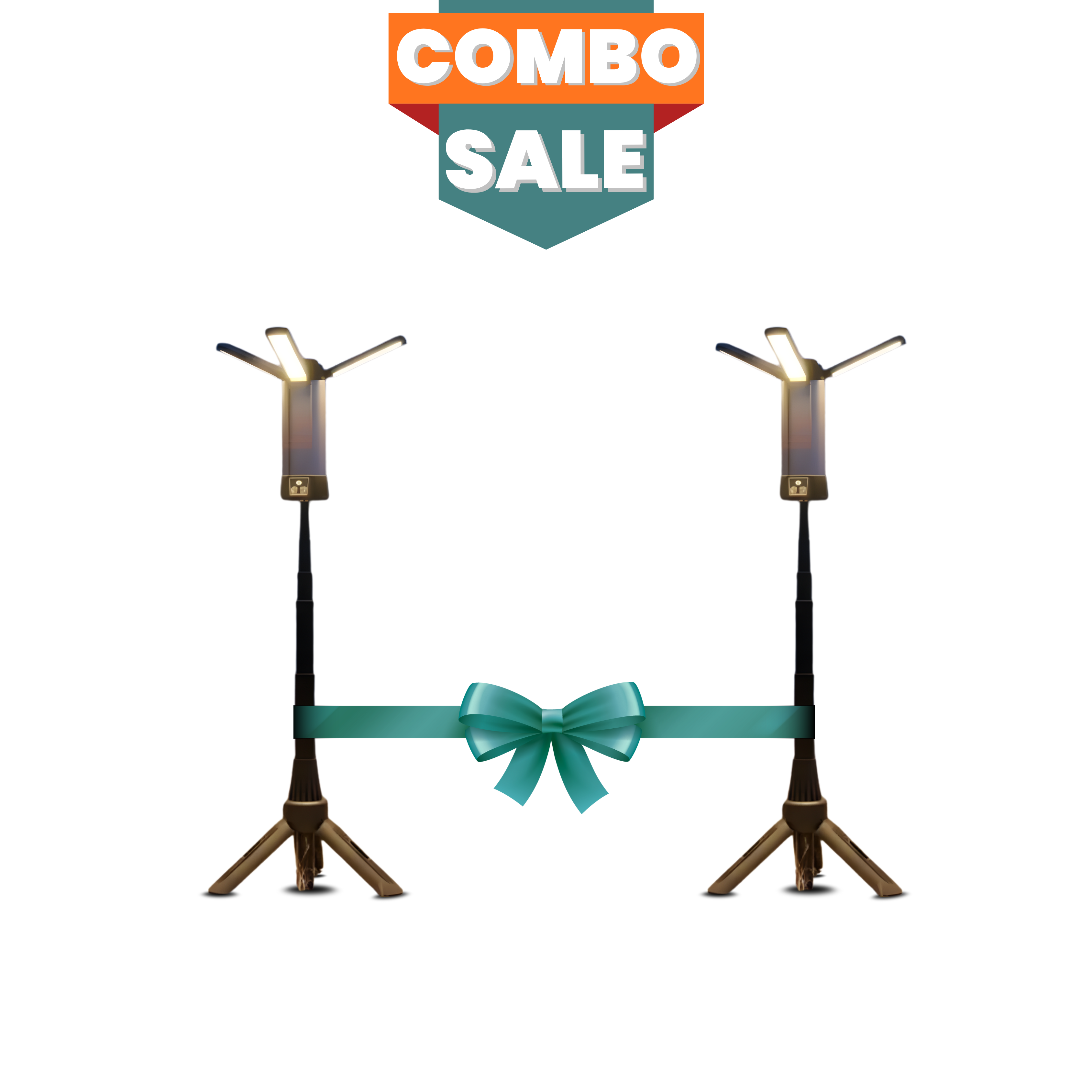 Two stands with a teal bow and 'Combo Sale' sign above on a white background