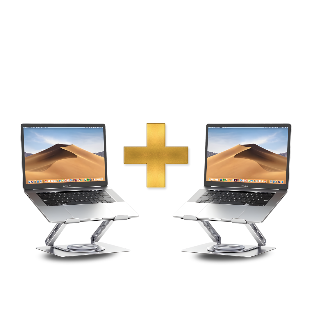 Two laptops on stands with a gold plus sign between them on a white background