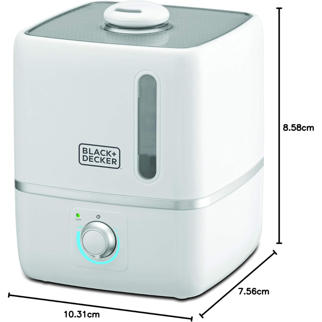 White humidifier with dimensions labeled, featuring Black+Decker branding.