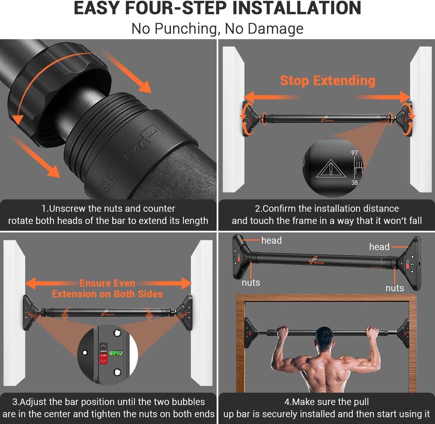 Adjustable Pull-Up Bar for Doorway – No-Screw Chin-Up Bar with Safety Lock, Heavy-Duty 200kg Load Capacity (75–94cm)