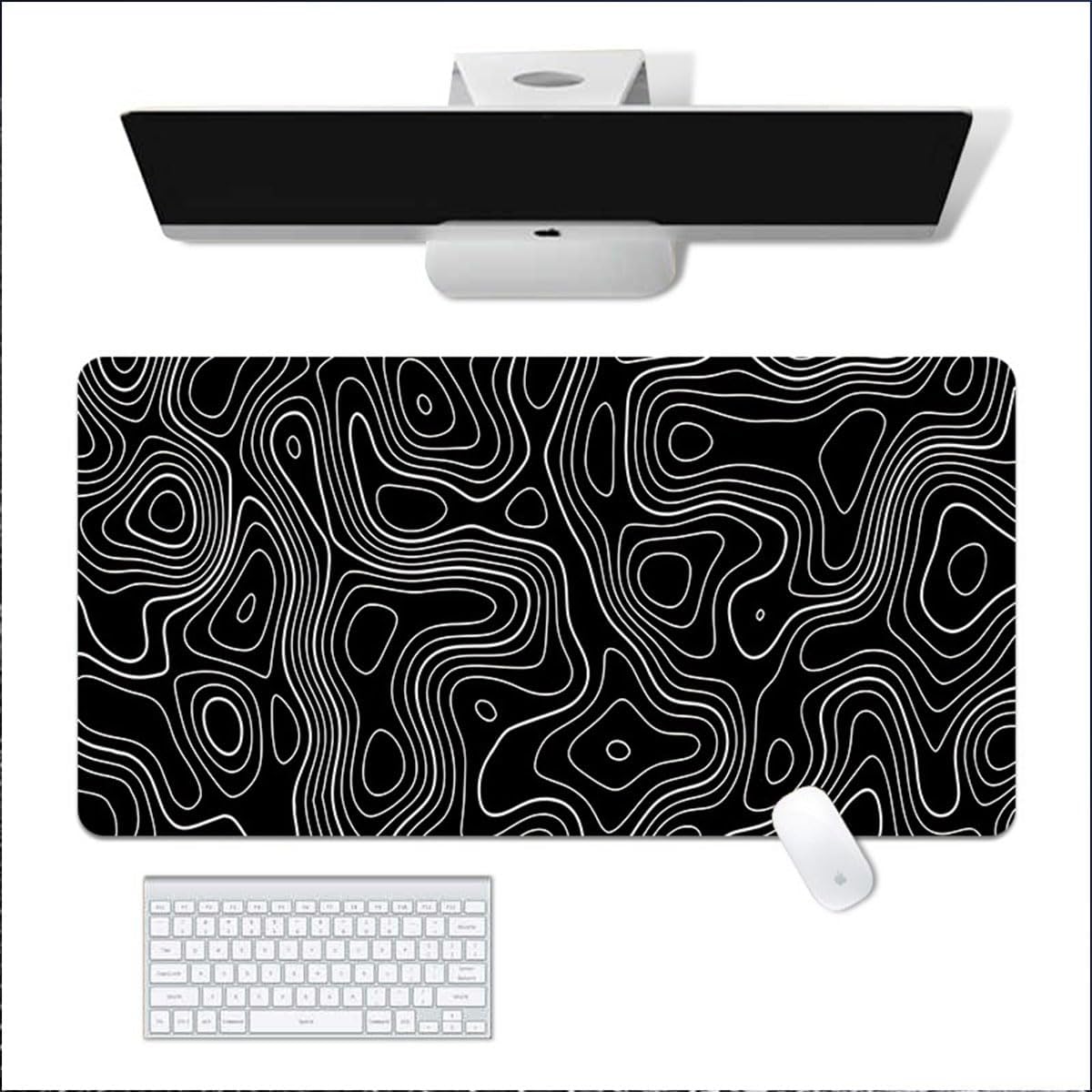 Gaming Mouse Pad XL – 80x30cm Large Desk Mat with Anti-Slip Base (Black with White Topographic Line)