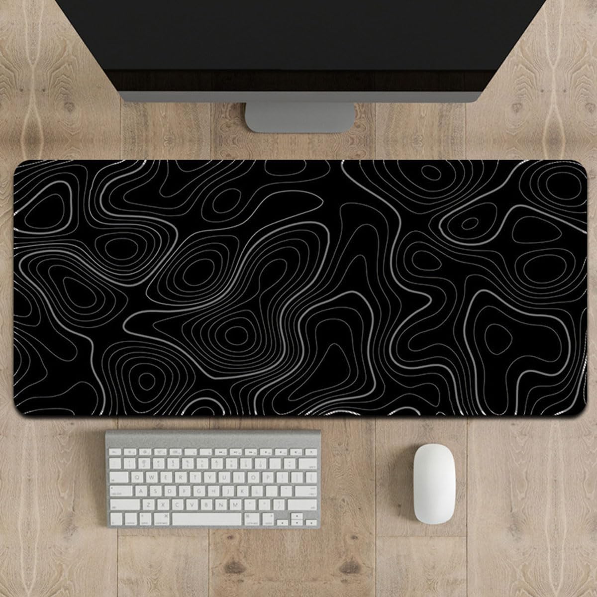 Gaming Mouse Pad XL – 80x30cm Large Desk Mat with Anti-Slip Base (Black with White Topographic Line)