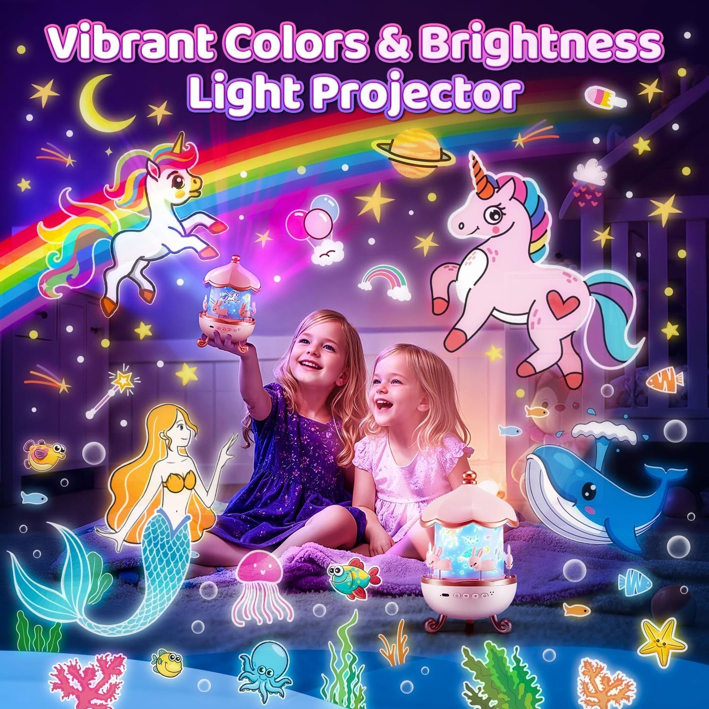 One Fire Kids Night Light Projector – 15 Film Reels + 10 Sound Modes with Remote & Rechargeable Battery