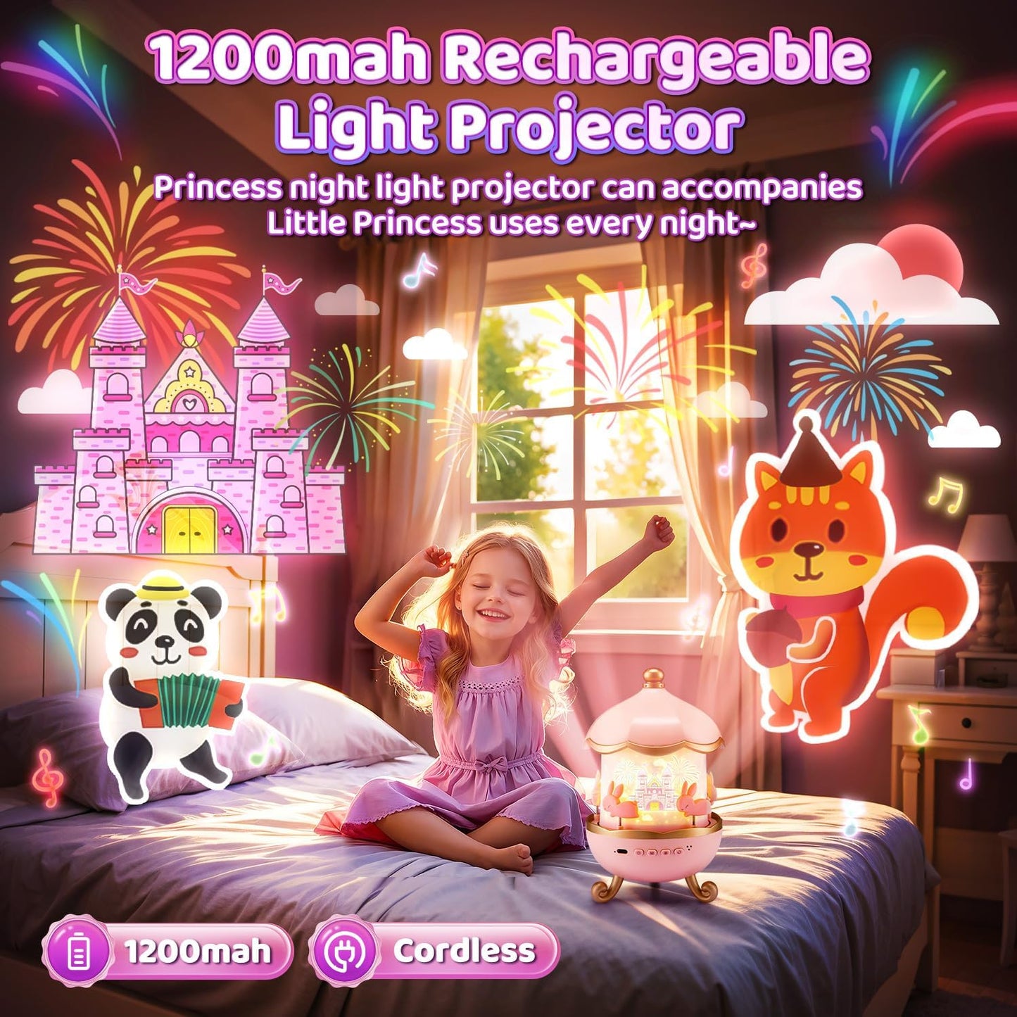 One Fire Kids Night Light Projector – 15 Film Reels + 10 Sound Modes with Remote & Rechargeable Battery