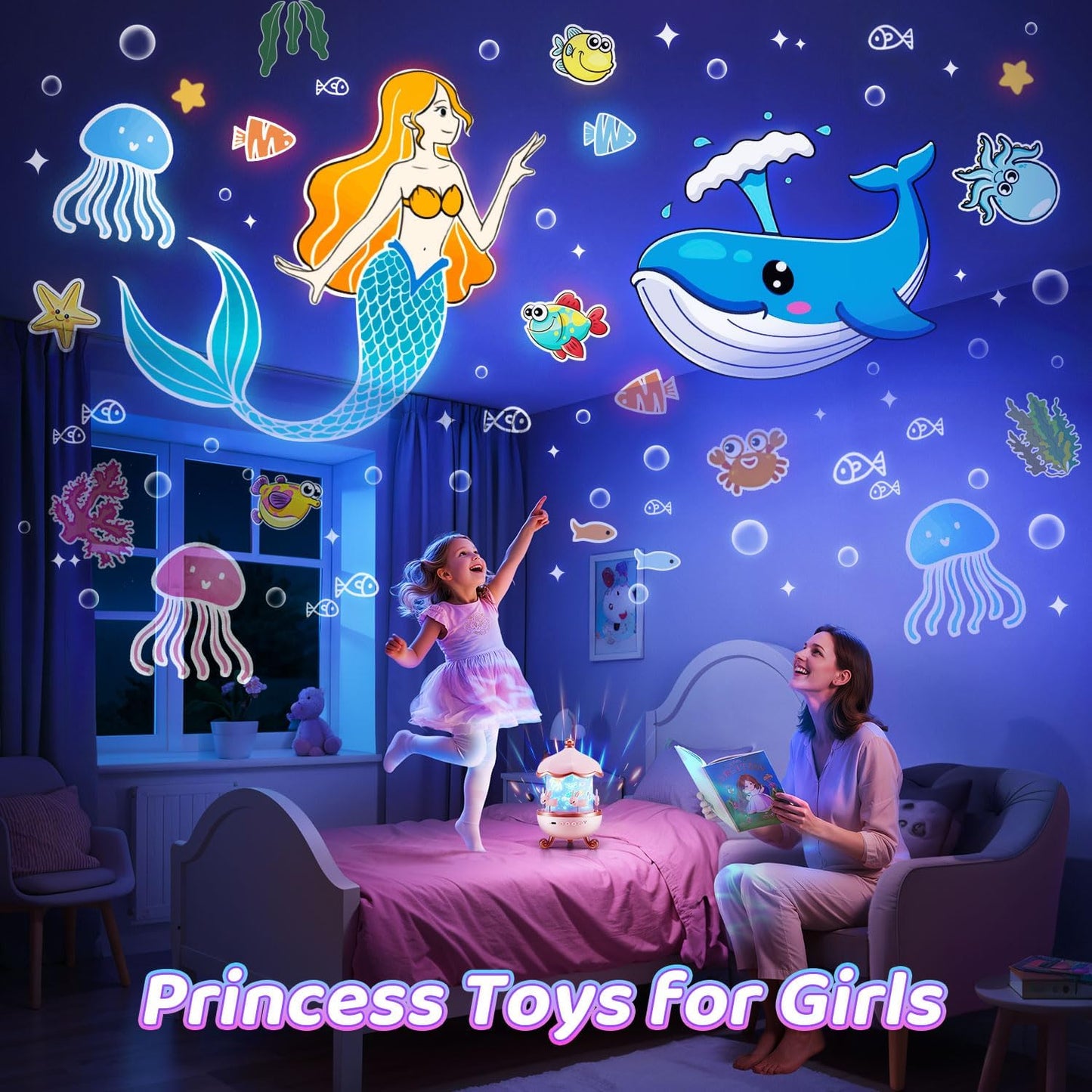 One Fire Kids Night Light Projector – 15 Film Reels + 10 Sound Modes with Remote & Rechargeable Battery