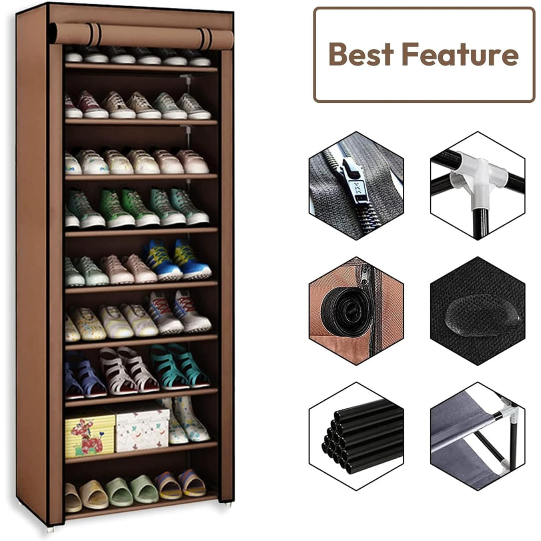 Shoe cabinet with shoes on shelves and measurements indicated..1