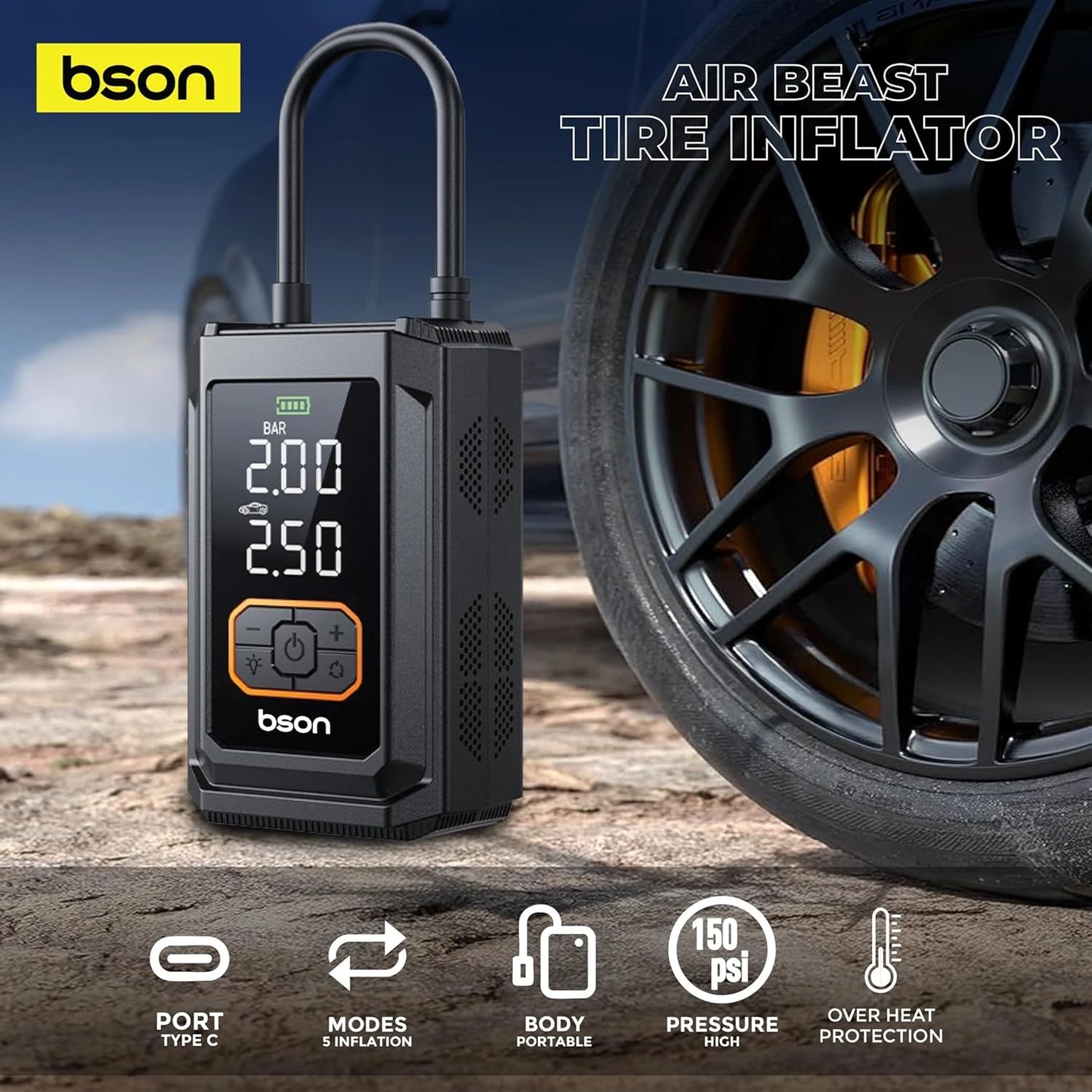 AIR BEAST Tire Inflator – Bson 4-in-1 Portable 150 PSI Pump & Power Bank