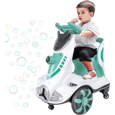 Child sitting on a teal and white toy scooter with bubbles in the background