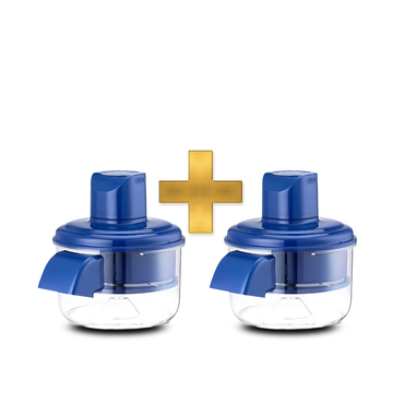 Two blue and clear kitchen chopper attachments with a gold plus sign on a white background