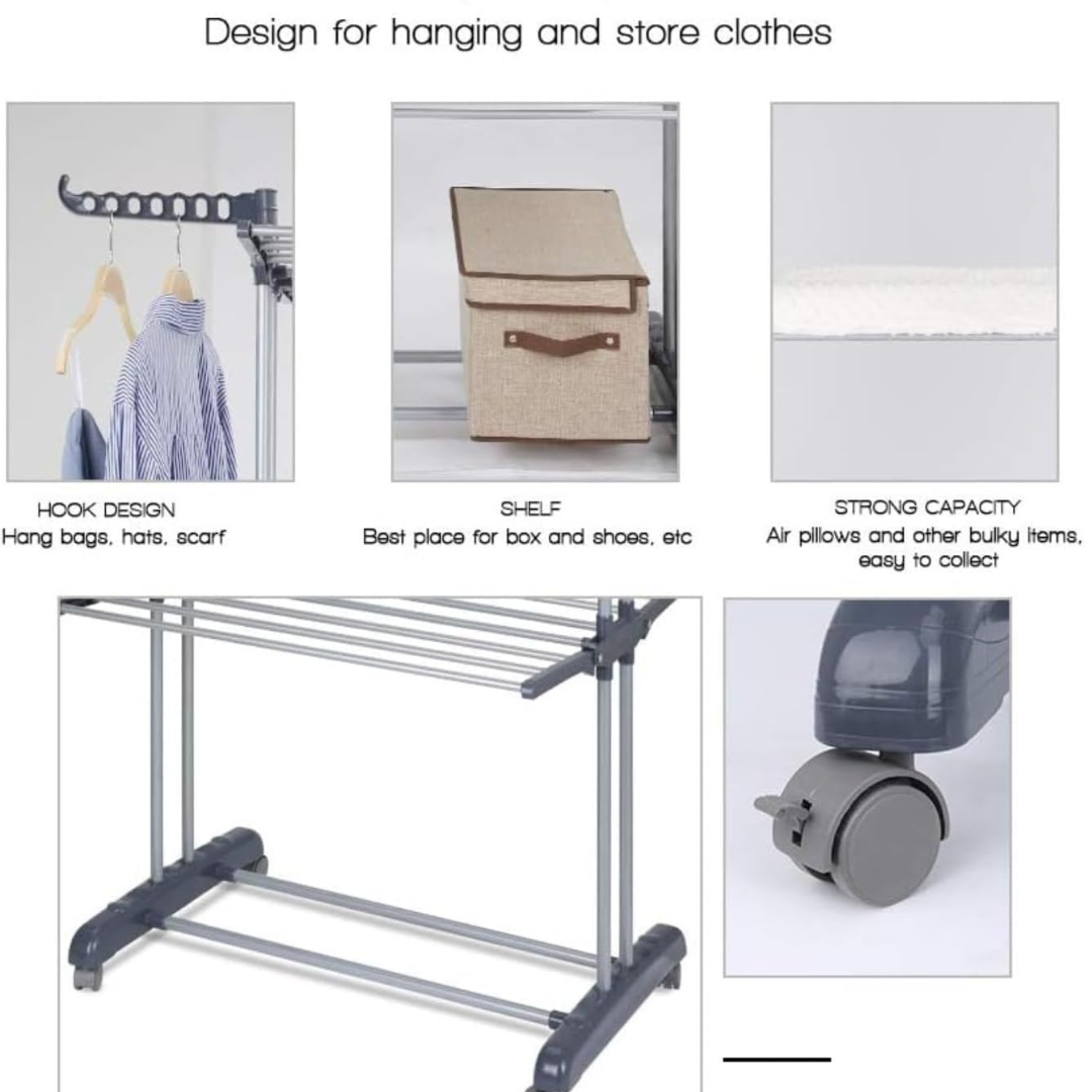 Multifunctional drying rack with hooks and clothes, featuring text on functionality.