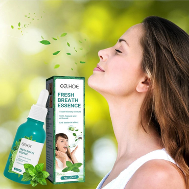 Eelhoe Fresh Breath Essence product with a woman enjoying fresh breath against a green blurred background