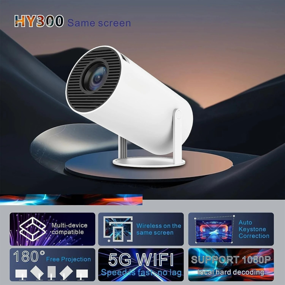 HY300 Portable Projector – Auto Keystone, 180° Flip, Dual-Band WiFi (2.4/5G), BT 5.0 | HD Mini Home Theater with Round Design..
