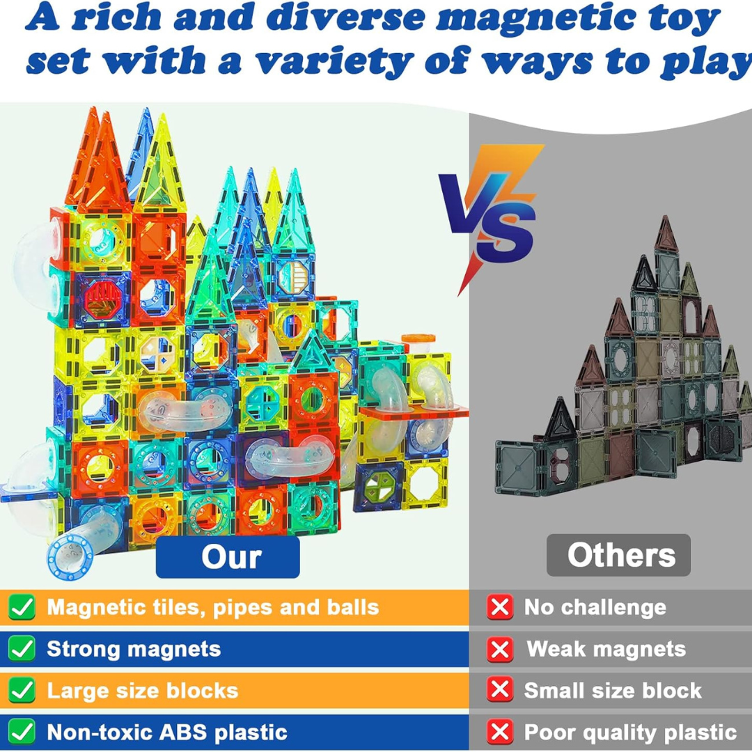 Colorful magnetic toy set with text comparing features to 'Others' on a white background.