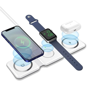 Wireless charging pad with smartphone, smartwatch, and earbuds on a white background