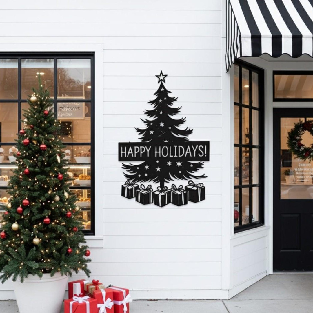 Decorative Christmas tree with 'Happy Holidays!' sign on a building exterior.