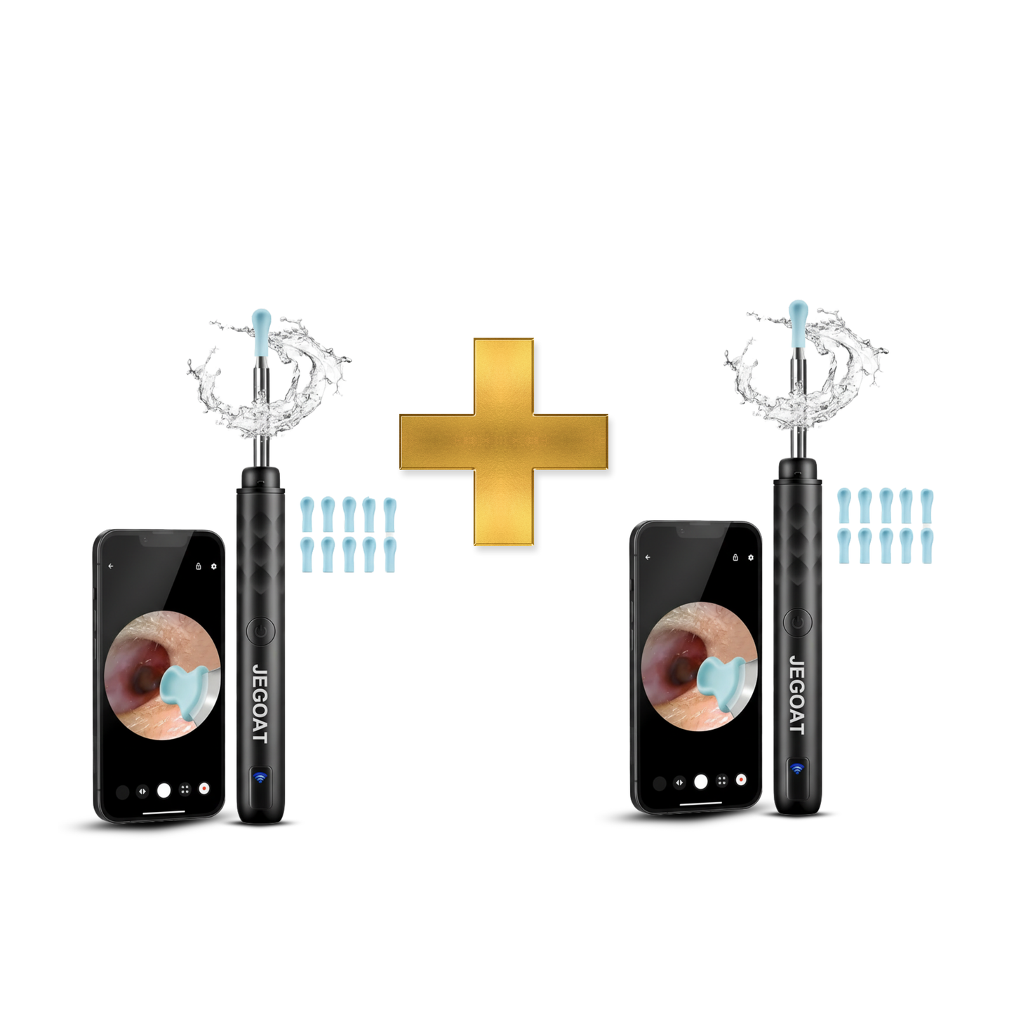 Two dental inspection devices with smartphone app interfaces and additional probes on a white background.