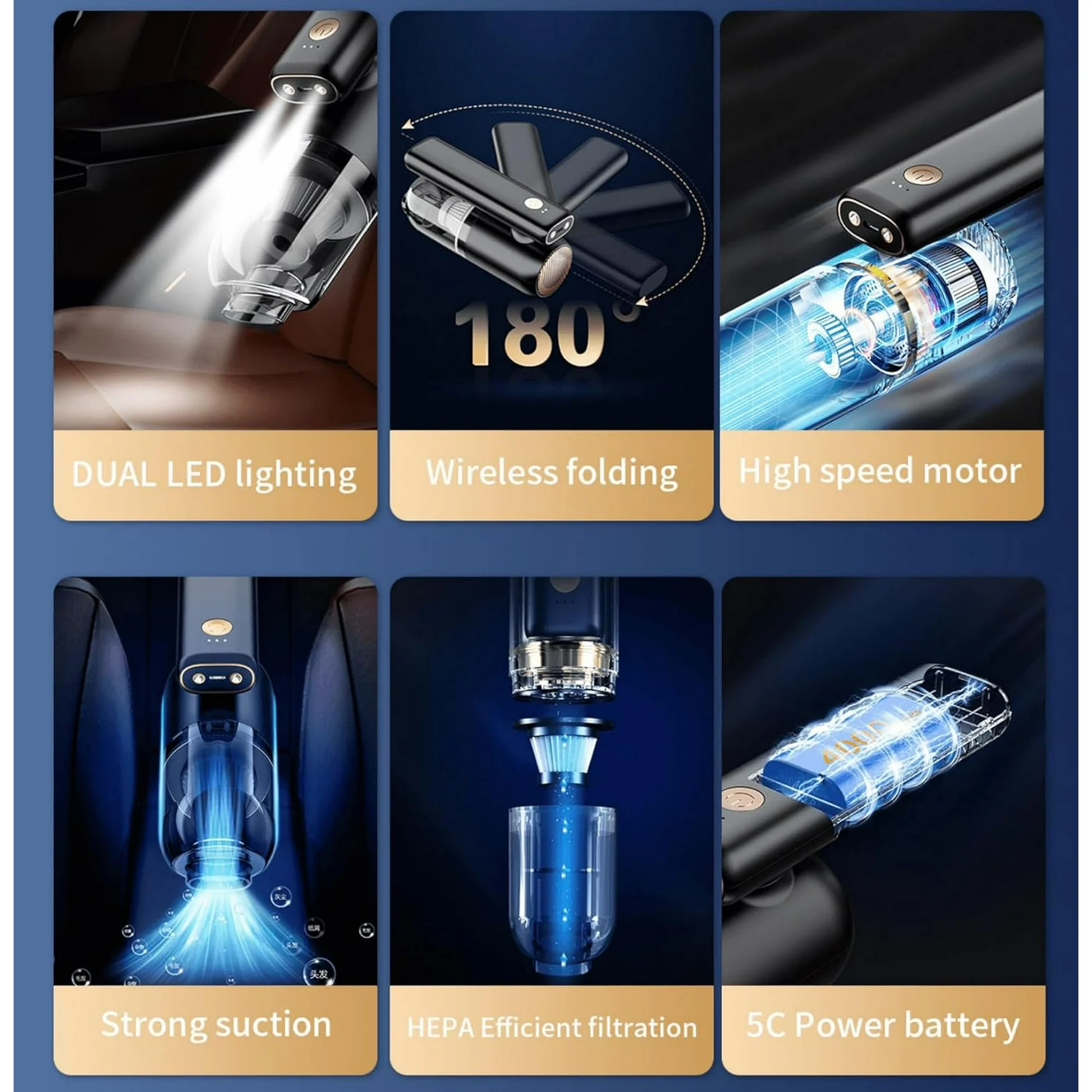 Rechargeable Car Vacuum – Foldable Design with LED for Interior Cleaning7