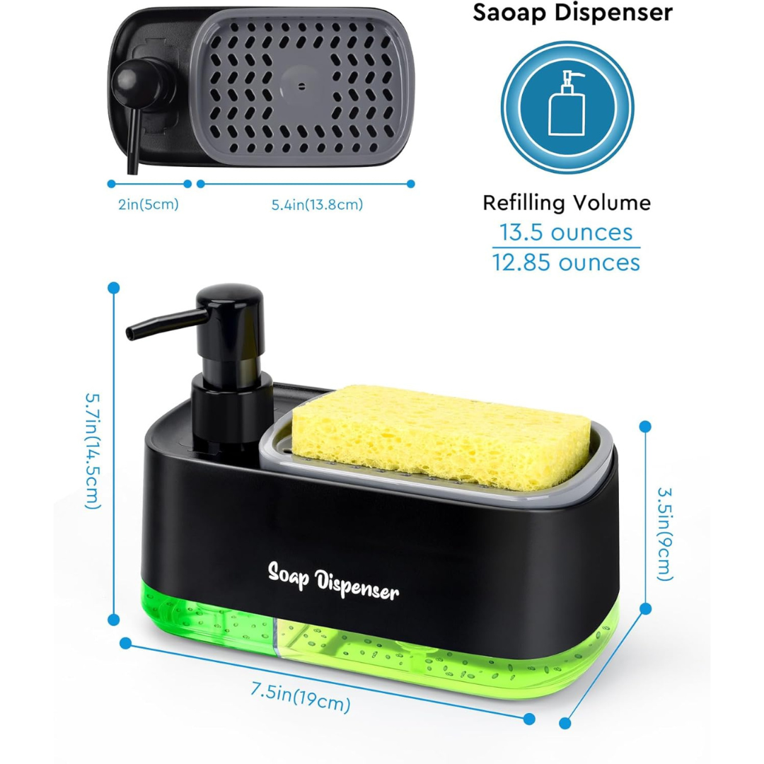 Soap dispenser with sponge and measurements on a white background