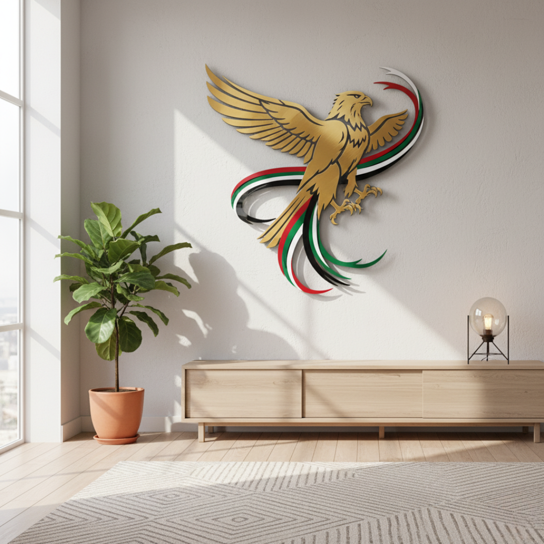 Soaring UAE Falcon & Flag Ribbons Acrylic Wall Art | National Day Decor...