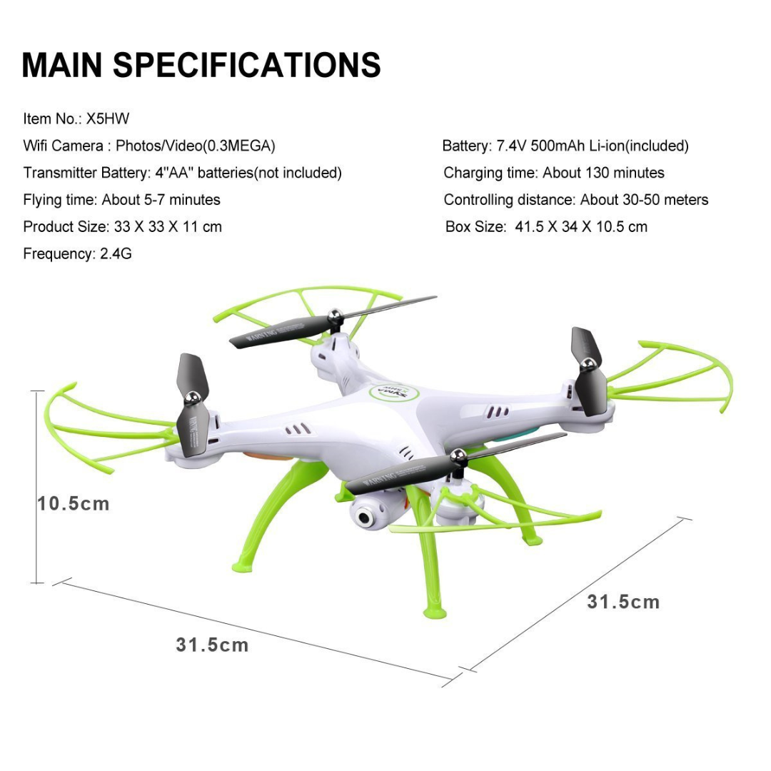 Drone with specifications on a white background