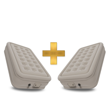 Two beige inflatable beds with a gold plus sign between them on a white background