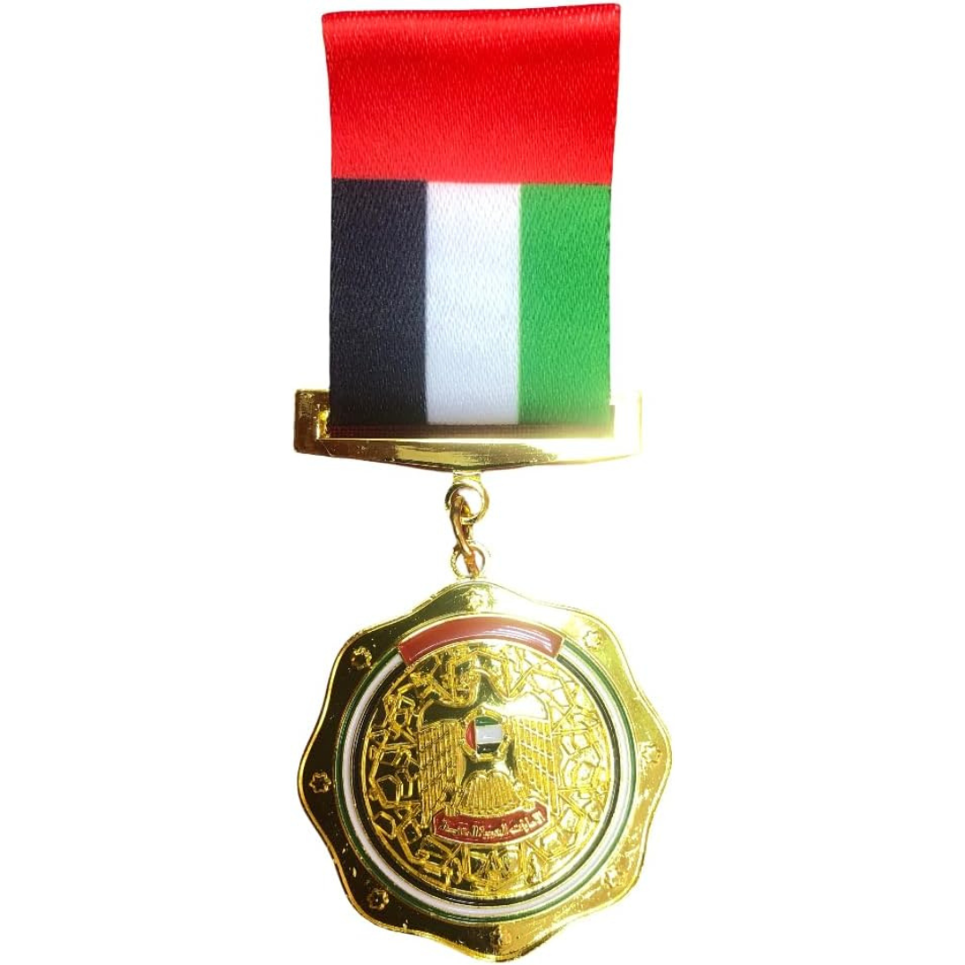 UAE National Day Flag Pin Badge with Gold-Plated Falcon Medallion - UAE National Day Flag Brooch with Gold-Plated Falcon Medallion..