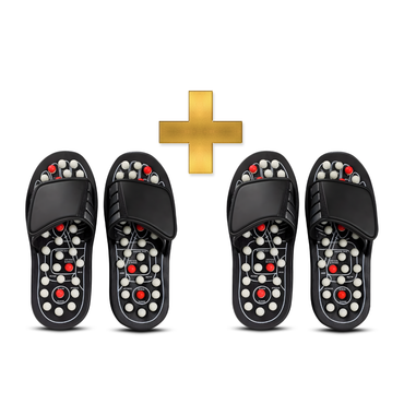 Four pairs of black acupressure sandals with acupressure nodes on a white background.