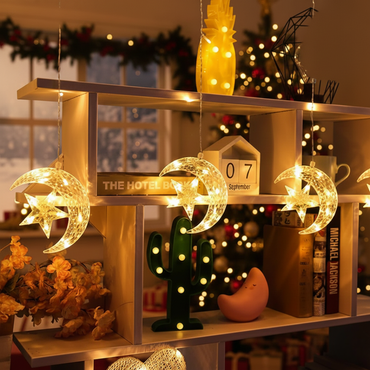 Decorative shelf with moon and star lights, books, and a cactus in a cozy room setting.