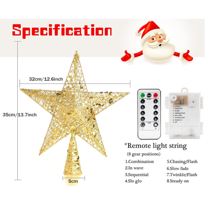 Gold star-shaped Christmas tree topper with remote control and specifications on a white background.