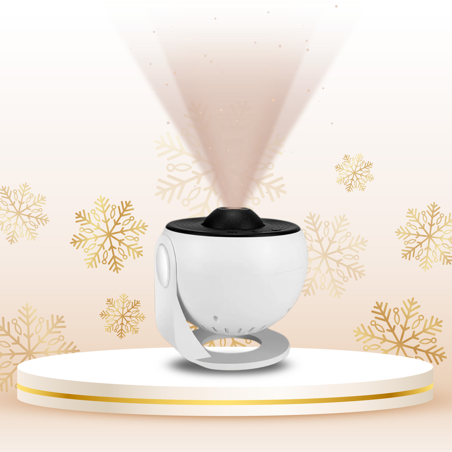 White and black device emitting a light pattern on a beige background with gold snowflake designs