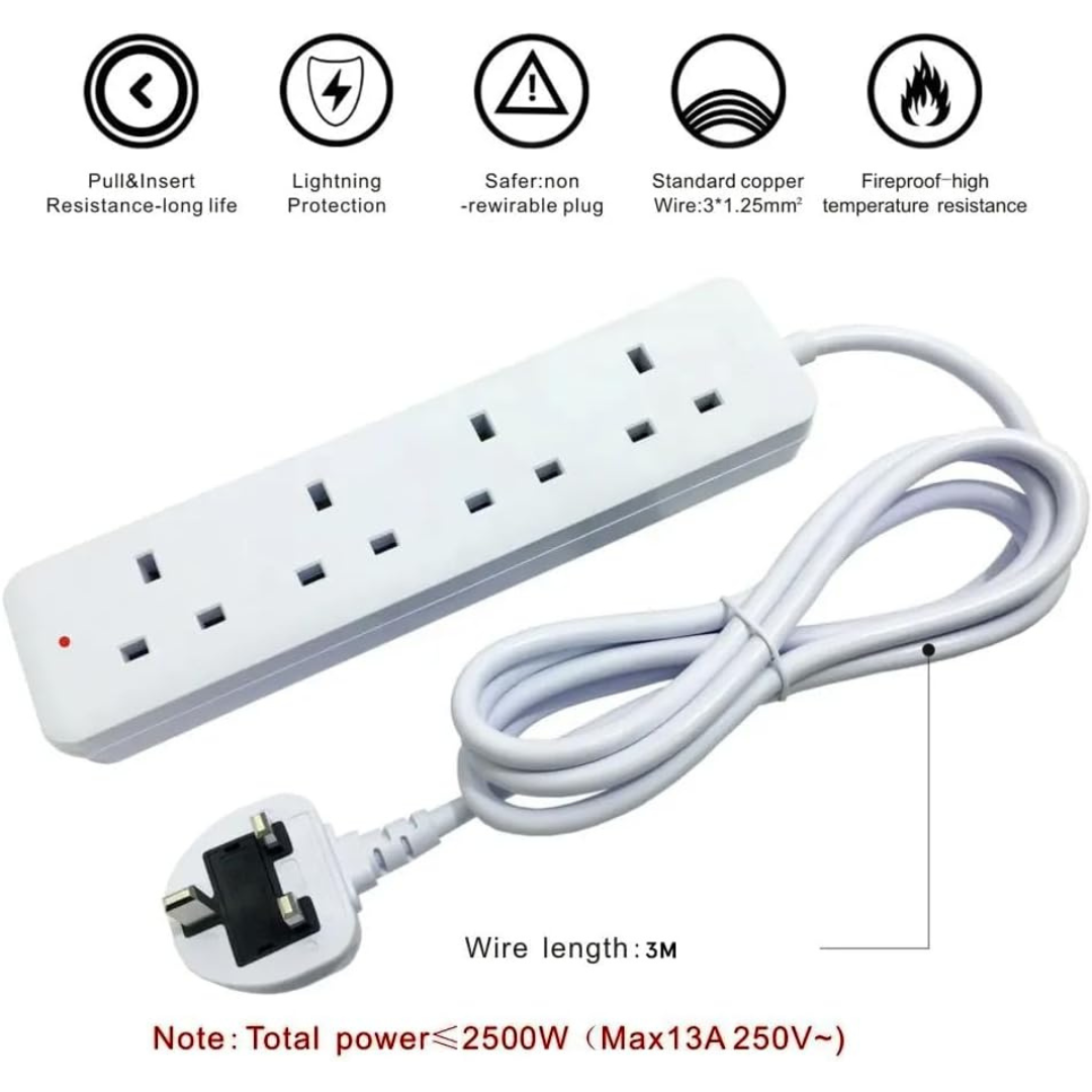 13A4 Extension Socket 3M Cable | 4 Universal Outlets UK Plug..