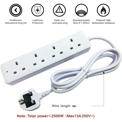 13A4 Extension Socket 3M Cable | 4 Universal Outlets UK Plug..