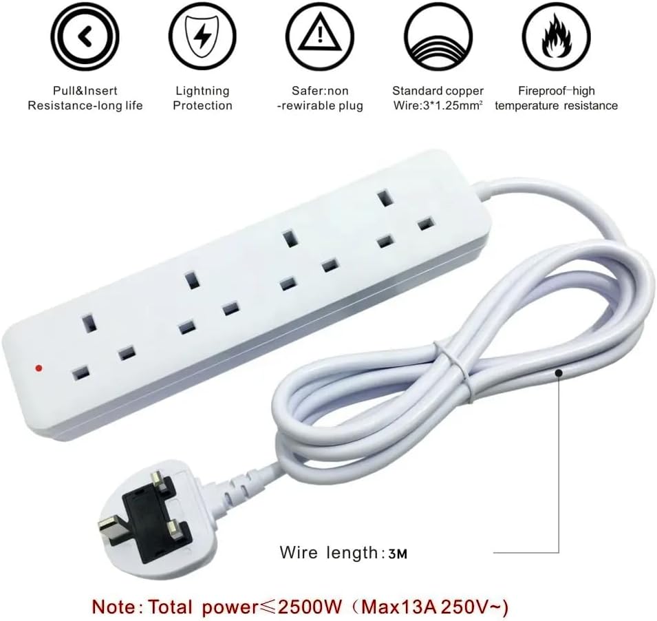  13A4 Extension Socket 3M Cable | 4 Universal Outlets UK Plug