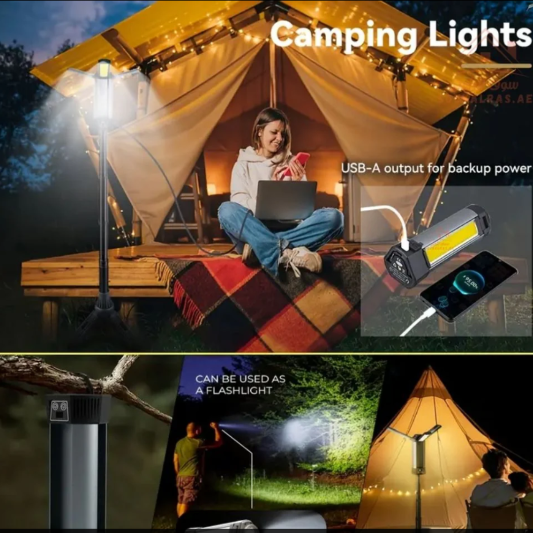 Camping lights with USB output and flashlight features, used in a tent setting.
