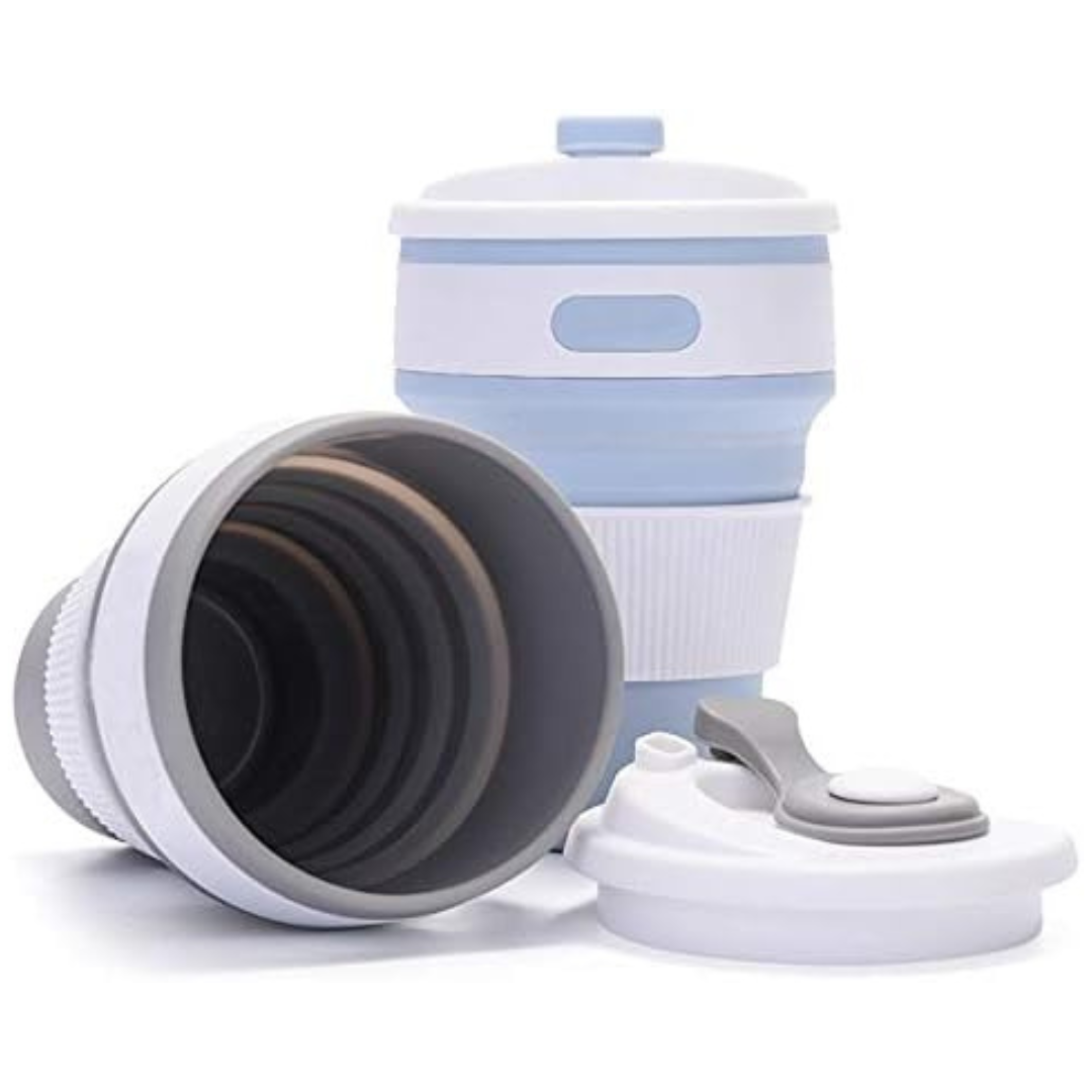 Collapsible travel mug with multiple components on a white background