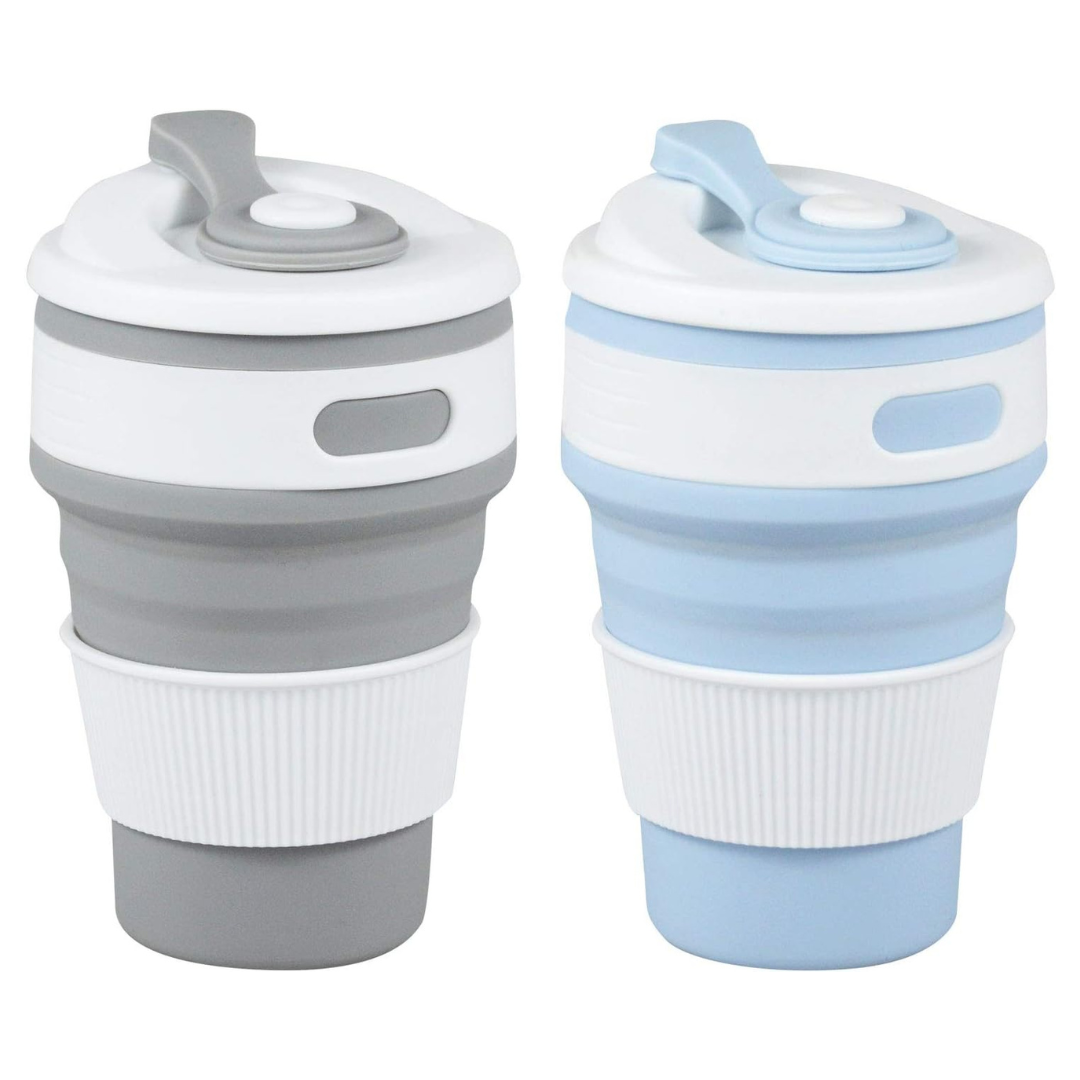Two collapsible travel mugs, one gray and white, one blue and white, on a white background.