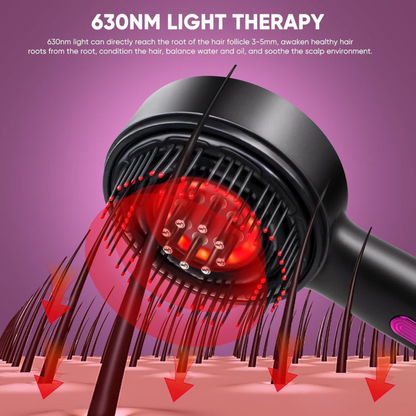 Hair dryer with red light therapy feature on a purple background
