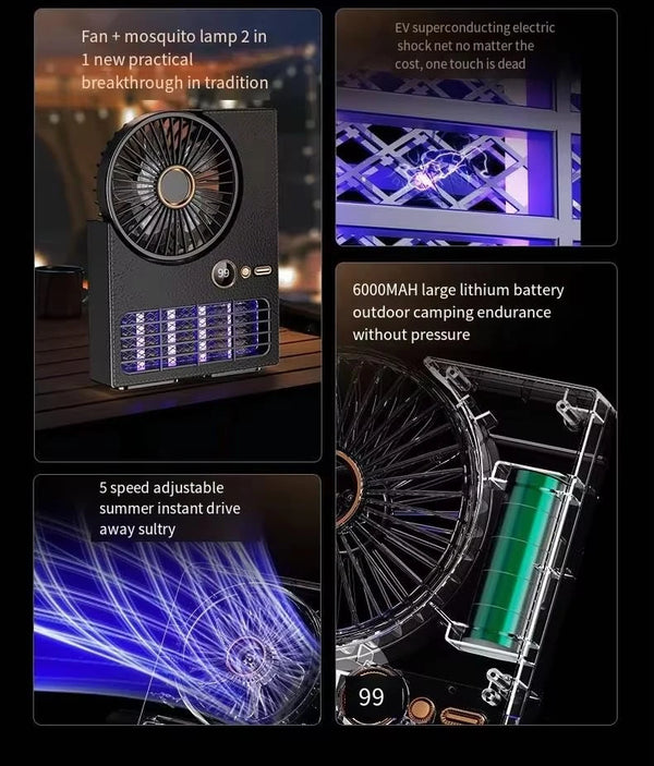 2-in-1 Mosquito Zapper Fan – UV Lamp, 5-Speed, Rechargeable