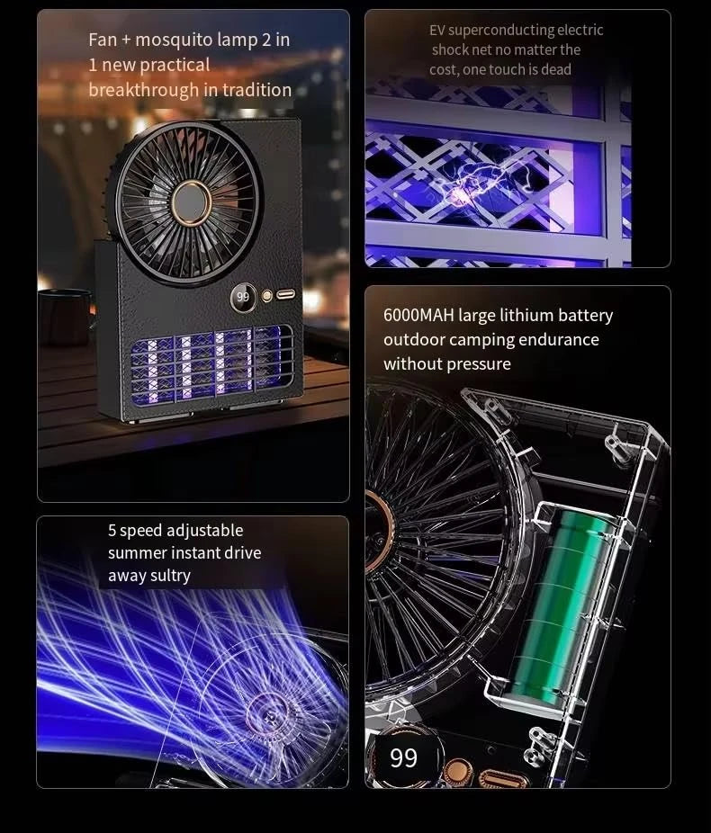 2-in-1 Mosquito Zapper Fan – UV Lamp, 5-Speed, Rechargeable