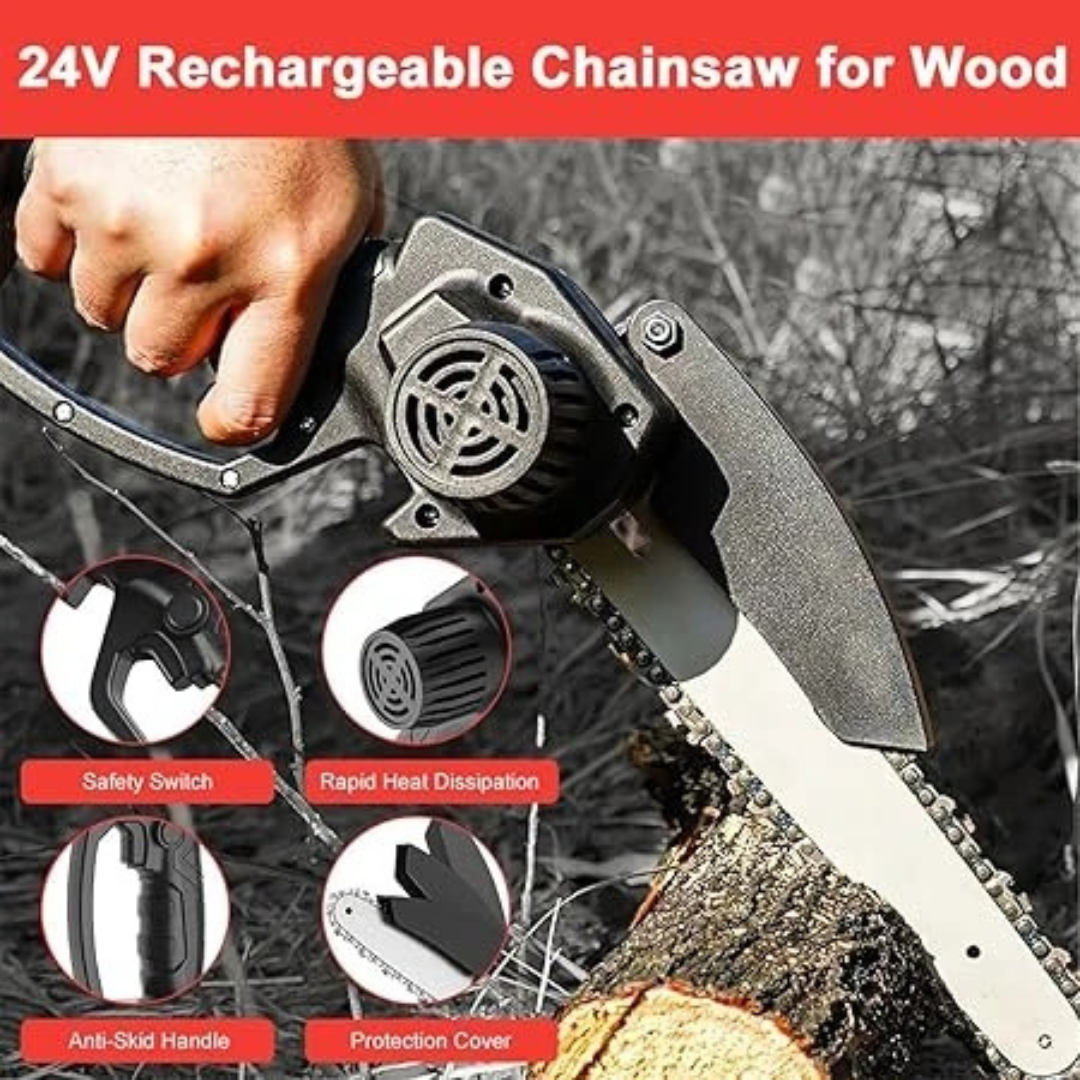 Gluckluz Mini Chainsaw Cordless Chain Saw Electric Handheld 6 Inch Chain Saw with 2 * 24V Rechargeable Battery & Safety Lock for Tree Trimming Wood Cutting Household Garden Pruning Work