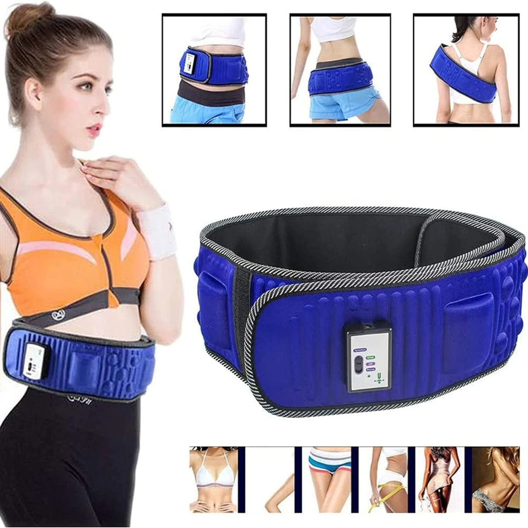 Blue electric waist trainer with digital display on a white background, shown on a model and in inset images.