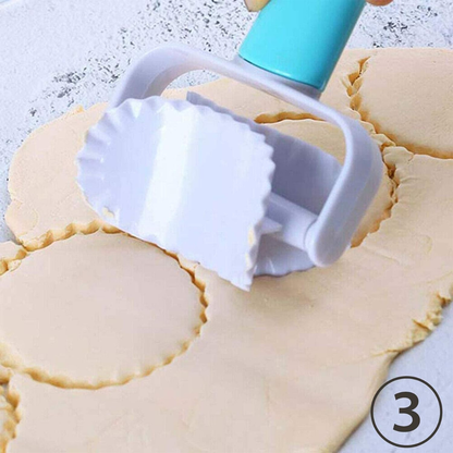 Rolling pin with a white roller on top of rolled-out dough