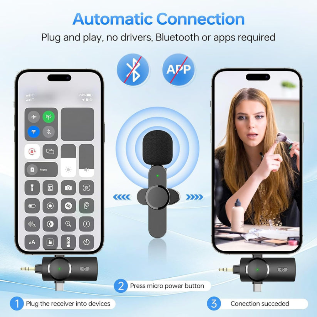 Bluetooth microphone setup with smartphone and computer interface on a blue background