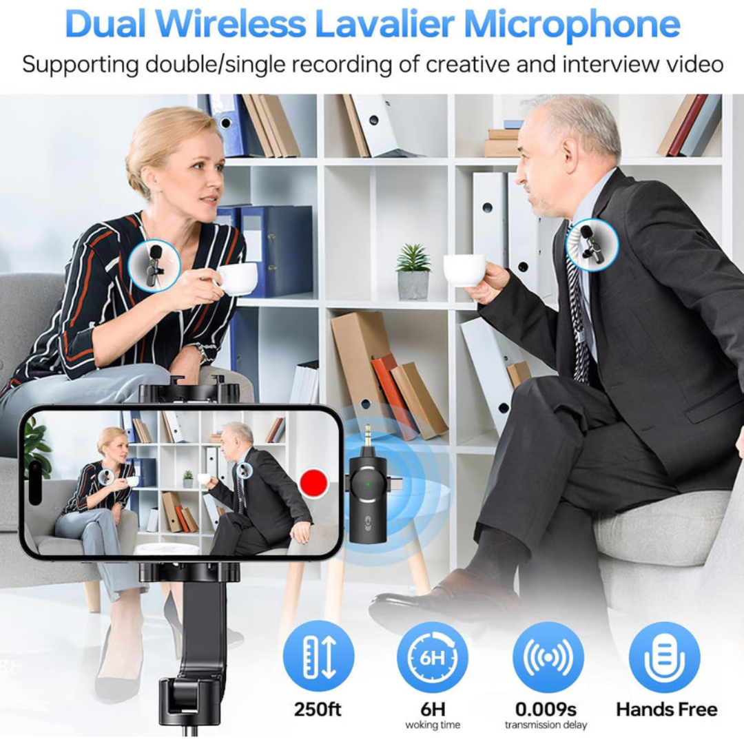 Dual wireless lavalier microphone with two people sitting and a smartphone screen showing the video feed.
