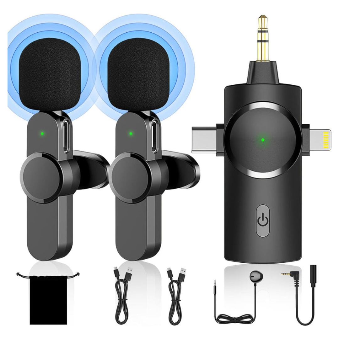 Set of Bluetooth audio devices with accessories on a white background