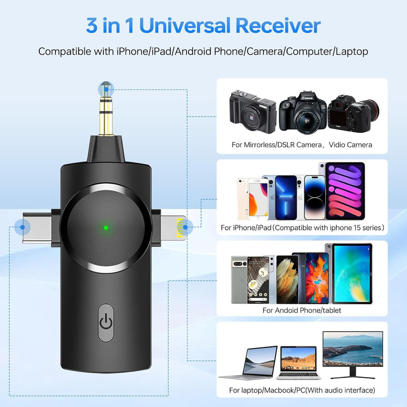 3-in-1 Wireless Lavalier Microphone – For Phone, Camera & PC