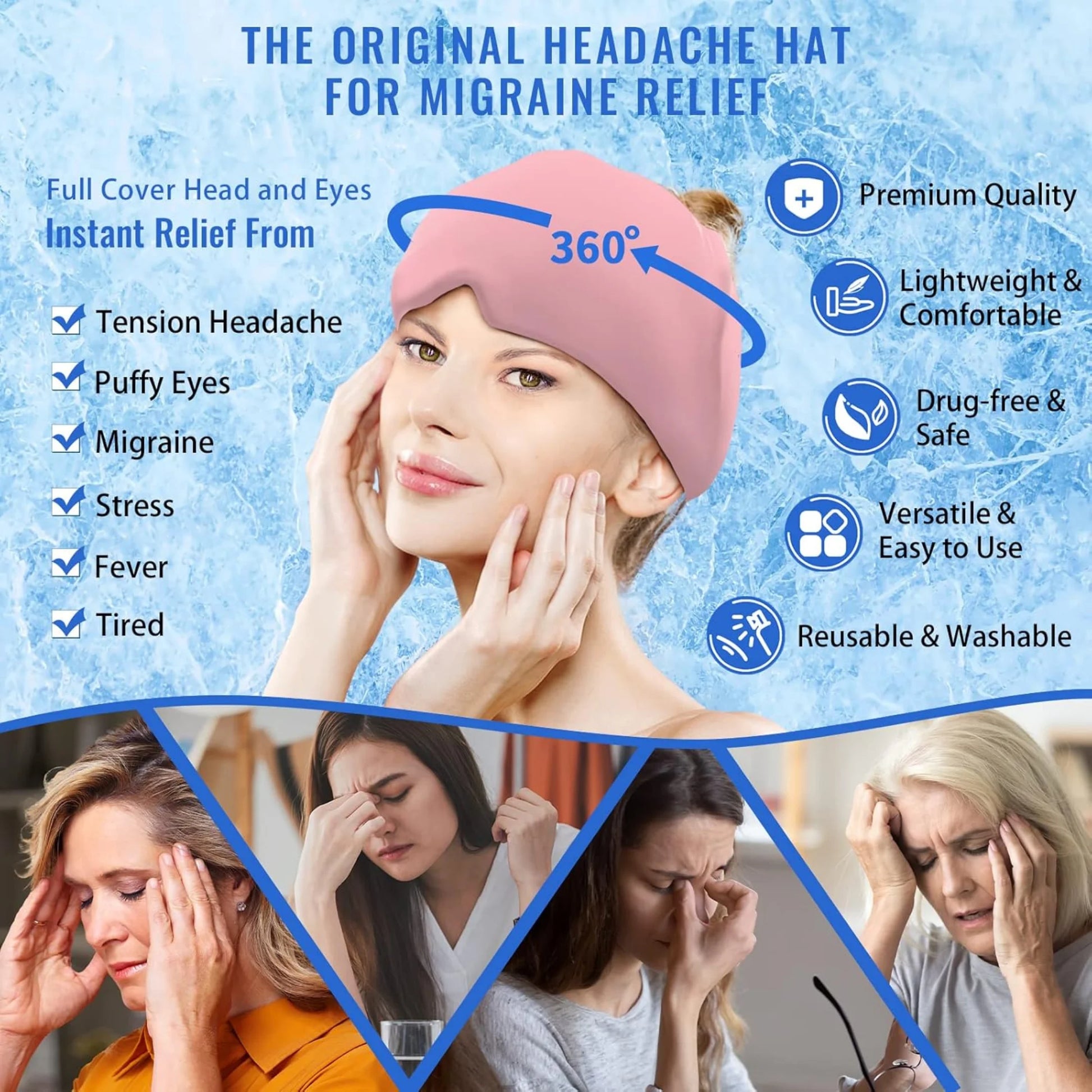 360 Degree Gel Ice Headache Cap for Migraine and Sinus Stress Relief..