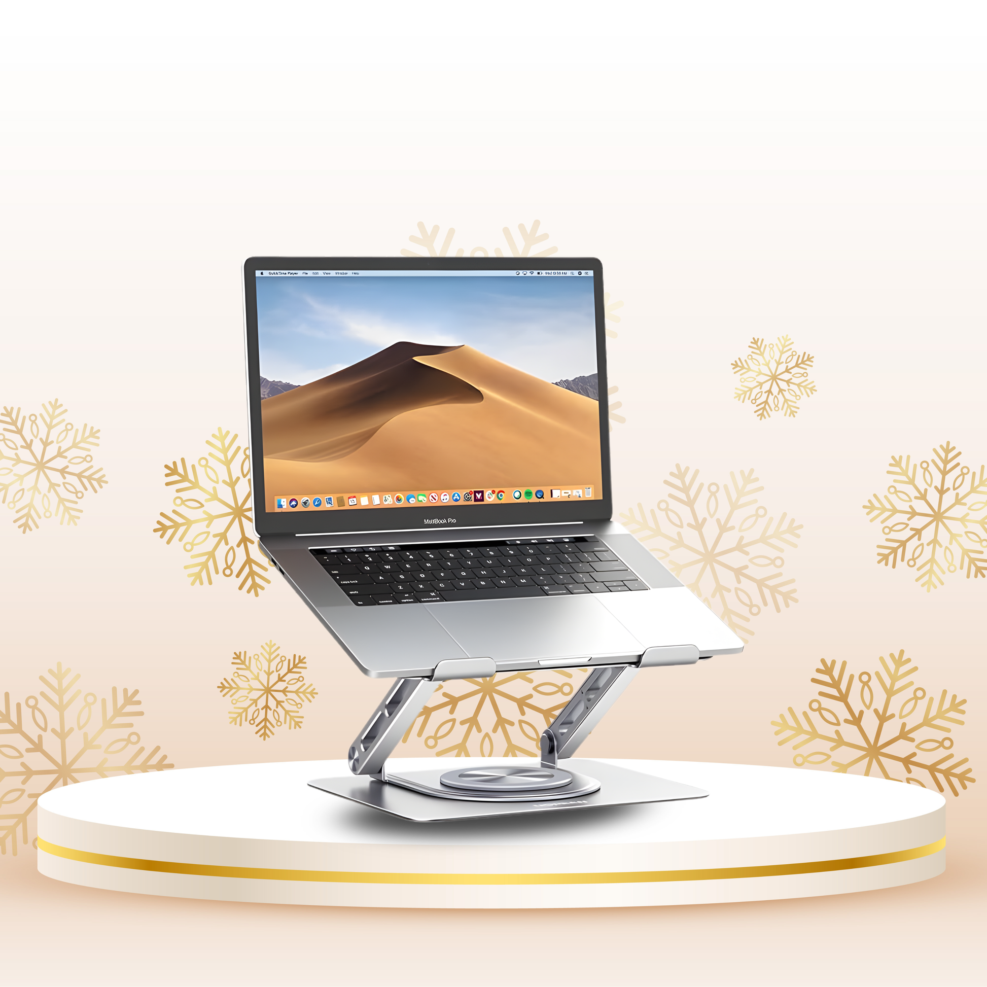 Laptop on a stand with a desert landscape on the screen against a decorative wall.