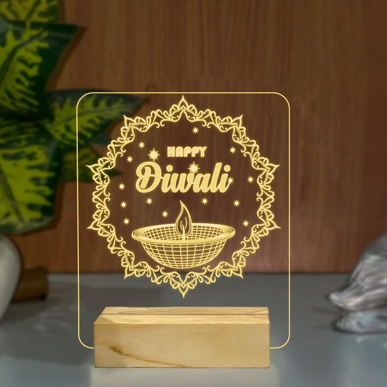 3D Illusion Happy Diwali Acrylic Table Lamp – LED Home Décor Gift