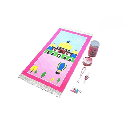 Kids Prayer Mat Set with Prayer Beads, Digital Counter & Camera – Soft Velvet Pink Islamic Gift Box